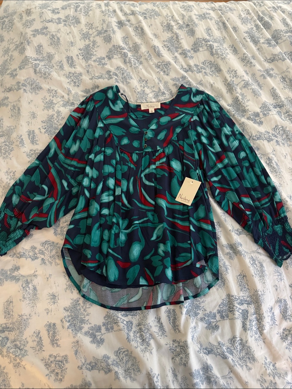 Nuture Teal & Navy Abstract Floral Peasant Blouse